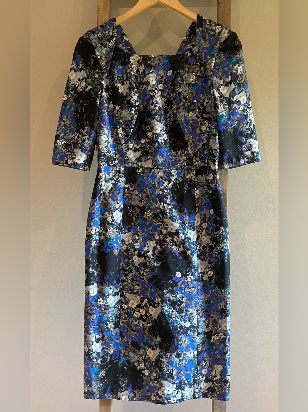 Erdem Blue and Black Floral Sheath Dress